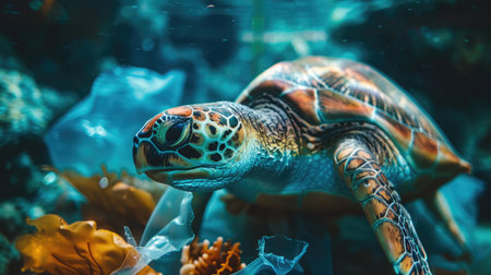 Plastic pollution in ocean environmental problem. Turtles can eat plastic bags mistaking them for jellyfishの素材