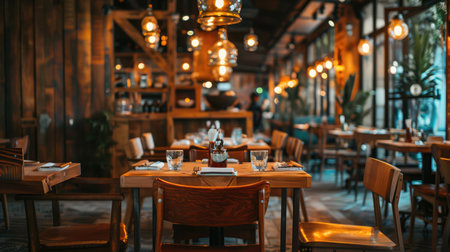 Cozy wooden interior of restaurant, copy space. Comfortable modern dining place, contemporary design backgroundの素材