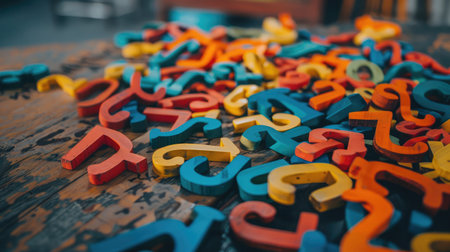 Question mark heap on table concept for confusion, question or solutionの素材