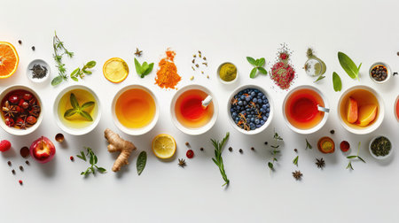 Creative layout made of cup of tea, green tea, black tea, fruit and herbal, tea, turmeric, ginger on white background.Flat lay. Food concept.の素材