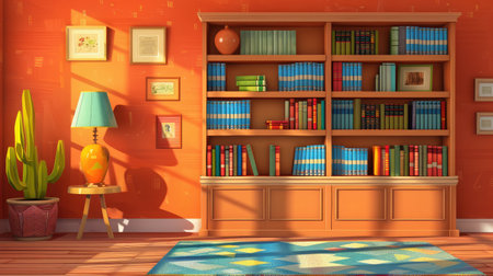 bookshelf on the wall with lamp and booksの素材