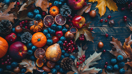 Autumn nature concept. Fall fruit and vegetables on wood. Thanksgiving dinnerの素材