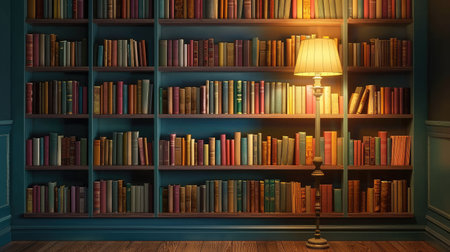 bookshelf on the wall with lamp and booksの素材