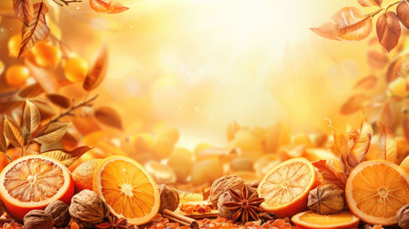 Autumn Background With Candied Oranges, Nuts and Spicesの素材