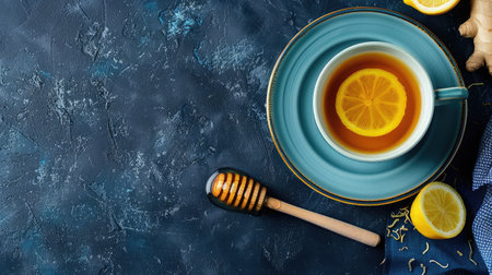 Cup of Ginger tea with lemon and honey on dark blue background, top viewの素材