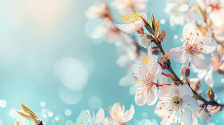 Beautiful floral spring abstract background of nature. Branches of blossoming apricot macro with soft focus on gentle light blue sky background. For easter and spring greeting cards with copy spaceの素材