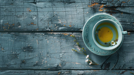 Cup with green tea on grey wooden backgroundの素材