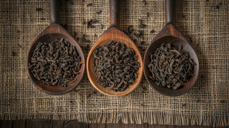 Dry tea with in wooden spoons. Top viewの素材