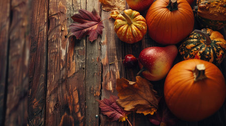 Harvest or Thanksgiving background with autumnal fruits and gourds on rustic wooden tableの素材
