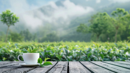 Tea cup with green tea leaf on the wooden table and the tea plantations backgroundの素材