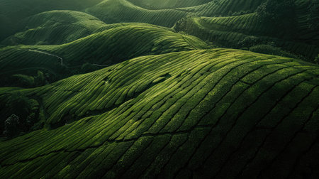The tea plantations background , Tea plantations in morning lightの素材
