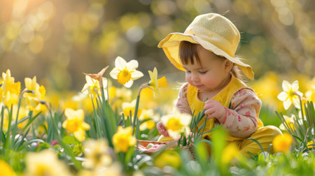 Toddler girl playing in daffodil flower field. Child gardening. Kid picking flowers in the backyard. Children working in the garden. Kids taking care of plants. First spring blossoms. Easter egg hunt.の素材