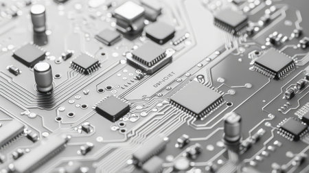 White texture background of printed circuit board. Computer technology background. Information tech. Space for text. Gray scale pcb background.の素材