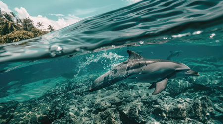 tropical seascape with water waved surface and dolphin swimming underwaterの素材