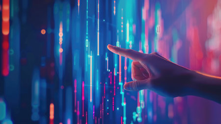 Hand pointing at abstract upward digital chart arrow on blue background. Finance conceptの素材