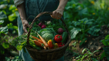 Basket with vegetables (cabbage, carrots, cucumbers, radish and peppers) in the hands of a farmer background of nature Concept of biological, bio productsの素材