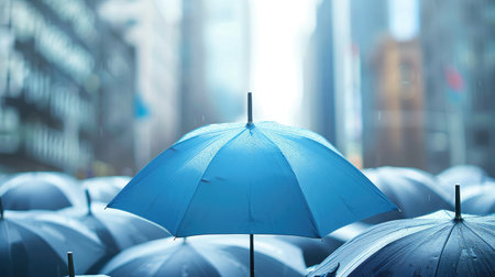 Blue umbrella on top of other gray umbrellas on city background. Business and safety conceptの素材