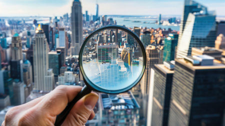 Man hand holding a magnifying glass, The cityscape in focus on background, business visionの素材