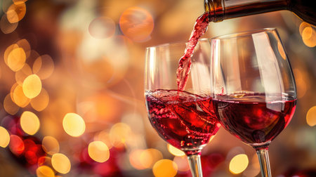 Red wine pouring into wine glass, close-upの素材