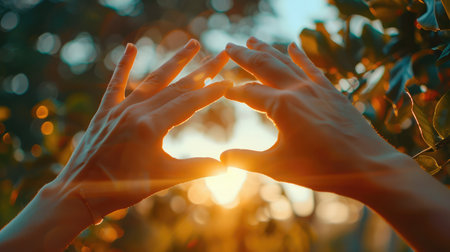 New year planning and vision concept, Close up of woman hands making frame gesture with sunset, Female capturing the sunrise. copy space.の素材