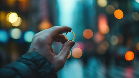 man's hand is holding an optical ring out of focus cityの素材
