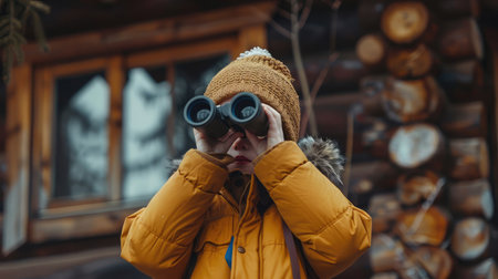 young boy looking through binoculars at nature from a cosy cabinの素材