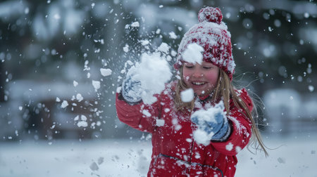 Girl playing with snow in parkの素材