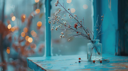 beautiful blue blurred background of winter and shabby tableの素材