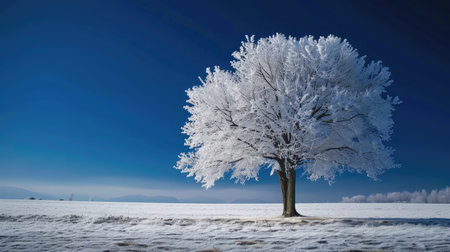 Alone frozen tree in snowy field and dark blue skyの素材