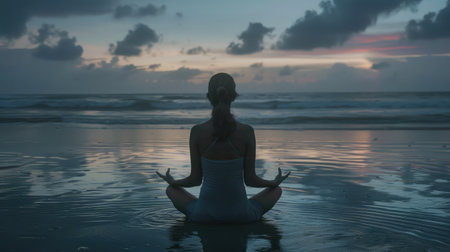 Caucasian woman practicing yoga at seashoreの素材