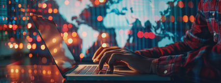 Business and technology digital future of cargo containers logistics transportation import export concept, Engineer using laptop online tracking control delivery distribution on world map backgroundの素材