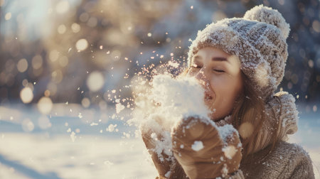 Beauty Winter Girl Blowing Snow in frosty winter Park. Outdoors. Flying Snowflakes. Sunny day. Backlit. Joyful Beauty young woman Having Fun in Winter Park. Defocusedの素材