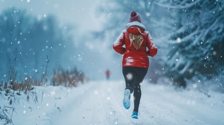 Athlete woman is running during winter training outside in cold snow weather.の素材