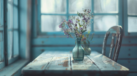 beautiful blue blurred background of winter and shabby tableの素材