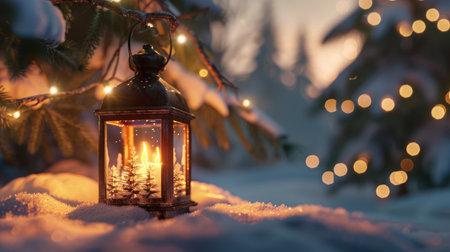 Christmas Lantern On Snow With Fir Branch In Evening Sceneの素材