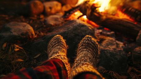 Feet in wool socks warming by cozy fireの素材