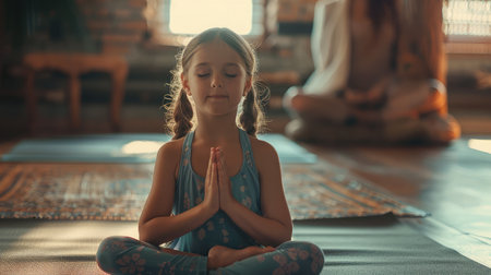 Little cute girl practicing yoga pose on a mat indoorの素材