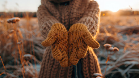 Woman hands in winter gloves Heart symbol shaped Lifestyle and Feelings concept with sunset light nature on backgroundの素材