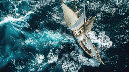 Sailing ship yachts with white sails at opened sea. Aerial - drone view to sailboat in windy condition.の素材