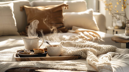 Still life details in home interior of living room. Sweaters and cup of tea with steam on a serving tray on a coffee table. Breakfast over sofa in morning sunlight. Cozy autumn or winter concept.の素材