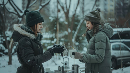 Woman pouring tea for girlfriend in cup standing at park during winterの素材