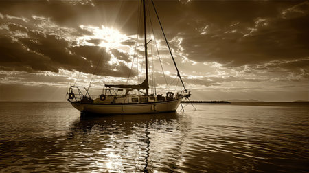 Yacht Sailing against sunset.Sailboat.Sepia tonedの素材