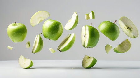 Apples isolated. Levitation of ripe green apples, apple halves and slices on a white background.の素材