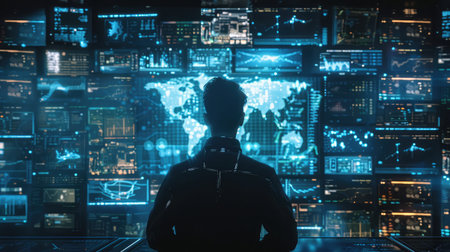 Big data analysis with AI technology for business analytics. Insights from data mining, filtering, sorting, clustering. Data scientist working on machine learning on virtual computer screen.の素材