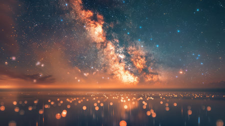 Fireworks with blur milky way backgroundの素材