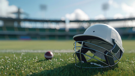 Cricket batting helmet with protective grill on Cricket Groundの素材