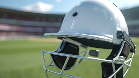 Cricket batting helmet with protective grill on Cricket Groundの素材