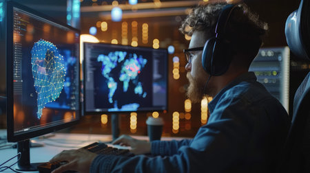 Big data analysis with AI technology for business analytics. Insights from data mining, filtering, sorting, clustering. Data scientist working on machine learning on virtual computer screen.の素材