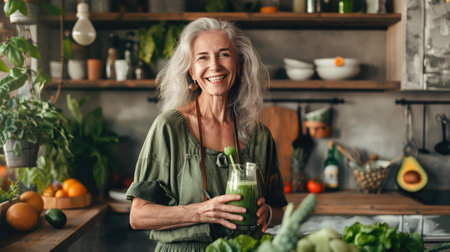 Healthy senior woman smiling while holding some green juice in her kitchen. Mature woman serving herself wholesome vegan food at home. Woman taking care of her aging body with a plant-based diet.の素材