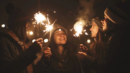 Group of friends enjoying out with sparklers. Young men and women enjoying with fireworks.の素材